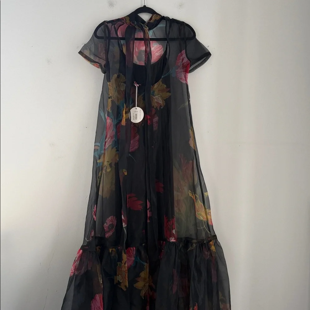 NWT Staud floral print sheer lined shirt sleeve hi neck maxi dress sz S - Picture 10 of 11